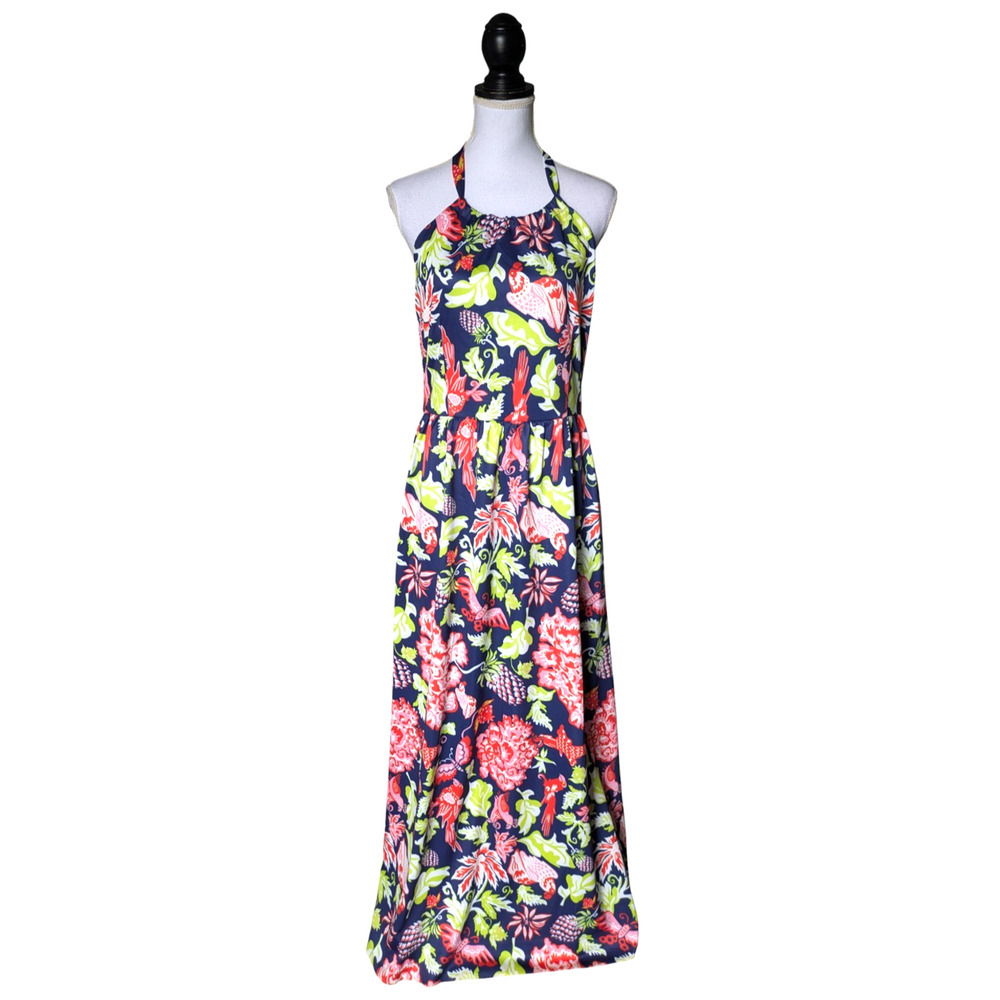 CK Bradley Navy Blue Tropical Parrot Floral Halter Maxi Long Dress Size Large